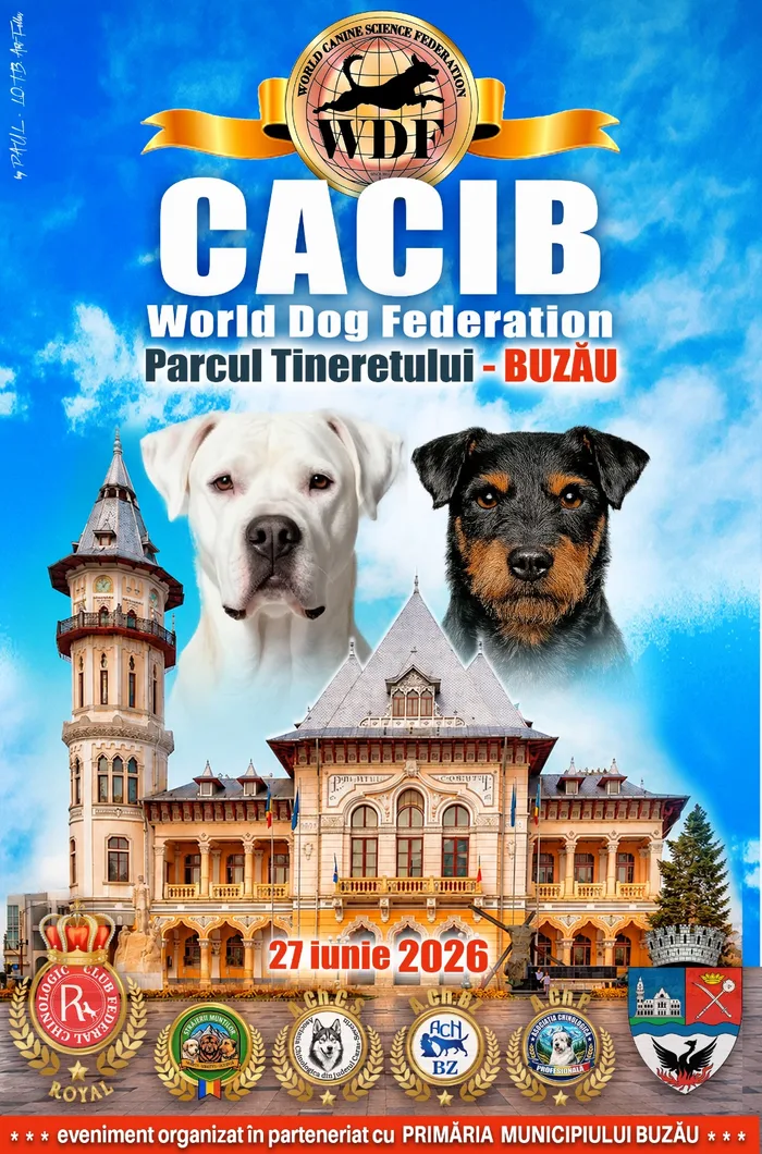 Afiș CACIB Buzău — WDF BOUZEOS Dog Show, Parcul Tineretului, 27 iunie 2026
