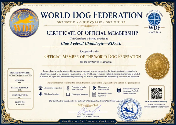 Certificatul de Membru Oficial al World Dog Federation, nr. 003, acordat Club Federal Chinologic – Royal pentru teritoriul României