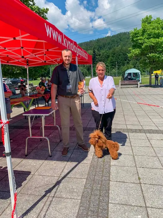 Arbitrul alături de un expozant și de câinele prezentat, la standul organizatorilor