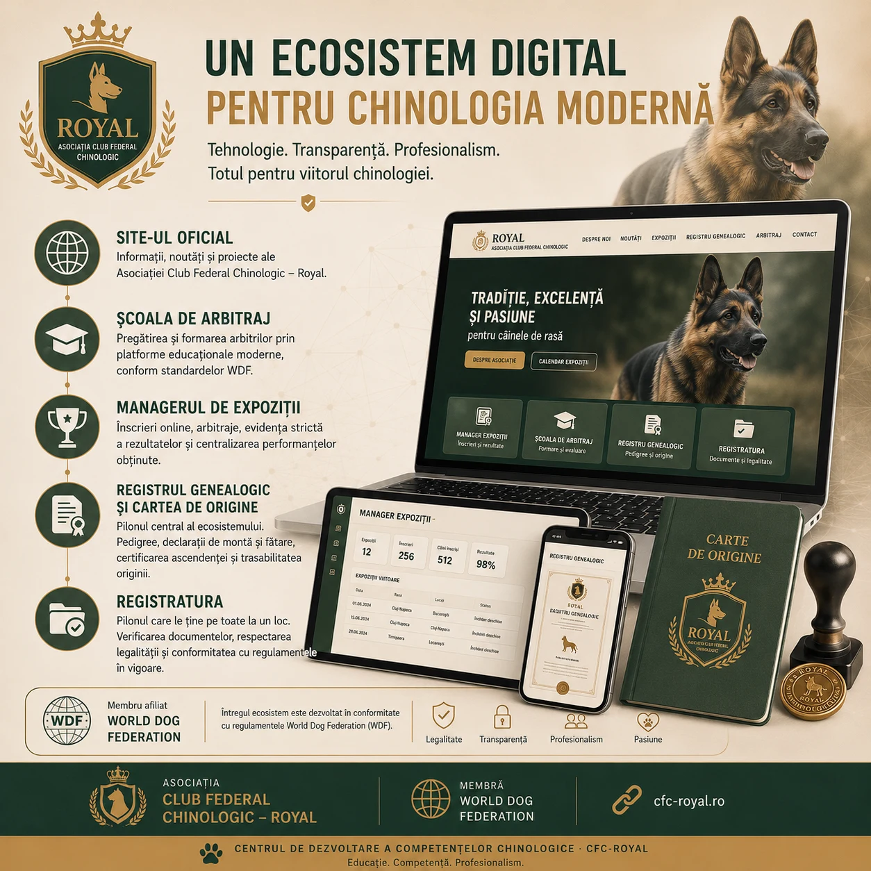 Ecosistemul digital CFC-Royal — site-ul oficial, Școala de Arbitraj, Managerul de Expoziții, Registrul genealogic și Registratura, cu un laptop, un telefon și o carte de origine.