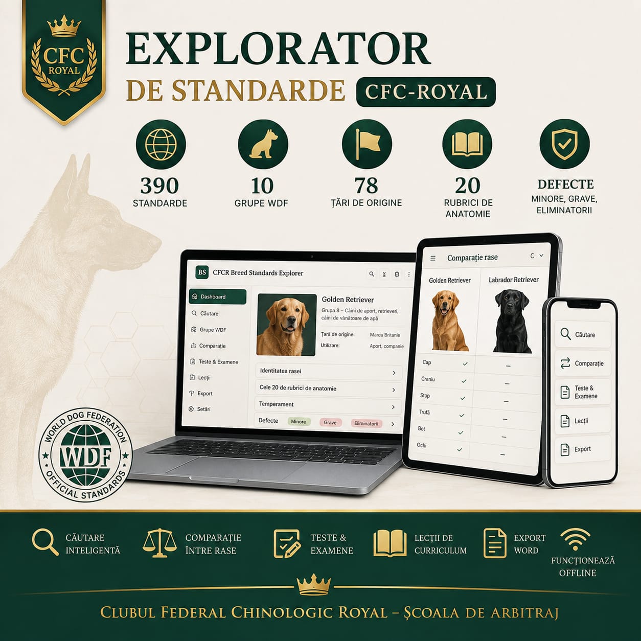 Exploratorul de standarde CFC-Royal — 390 de standarde, 10 grupe WDF, comparație între rase, teste și lecții; aplicația Școlii de Arbitraj