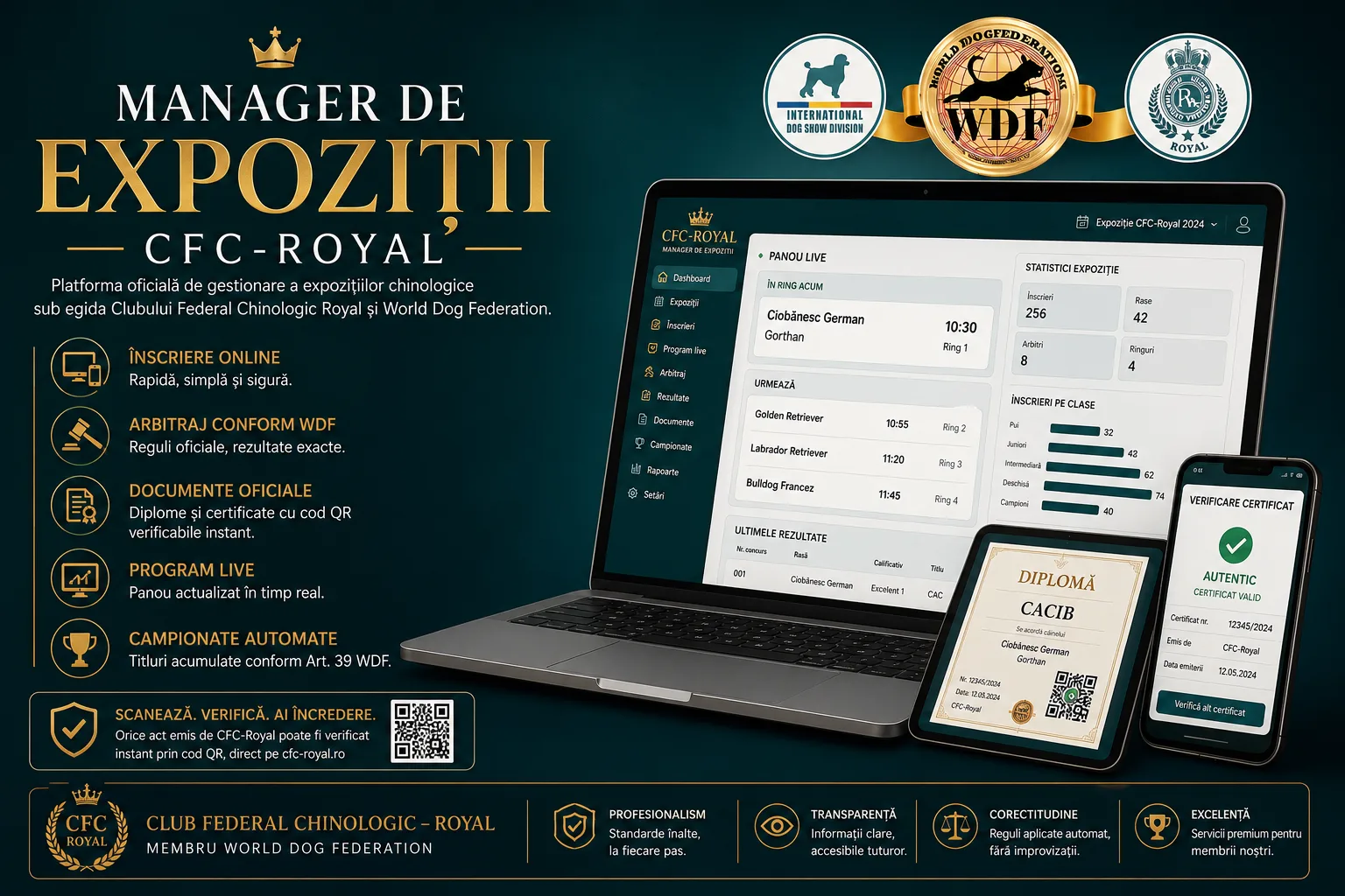 Manager de Expoziții CFC-Royal — panoul live pe laptop, diploma și verificarea certificatului prin cod QR pe telefon.