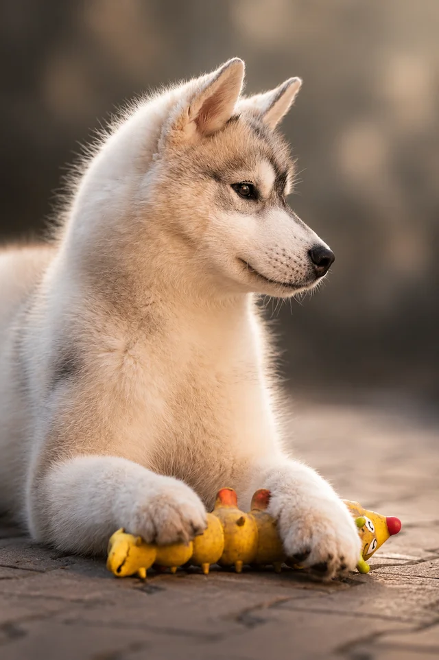Pui de Husky Siberian cu o jucărie — începutul unui drum în chinologie