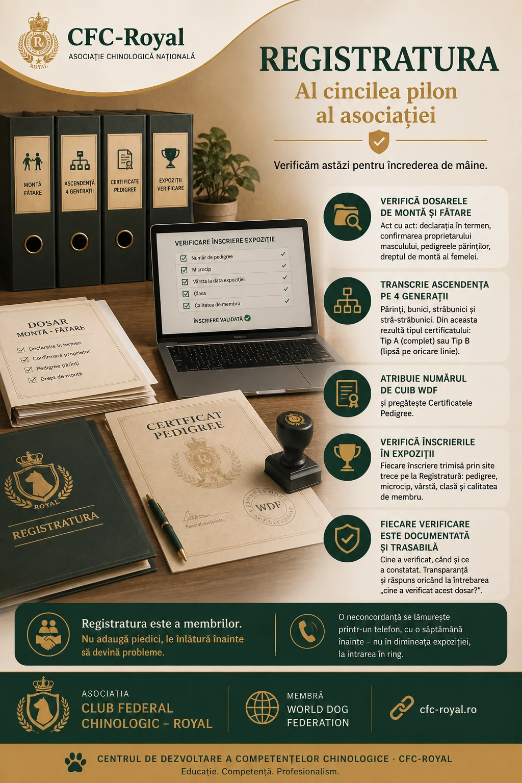 Registratura CFC-Royal — dosare de montă și fătare, certificate pedigree, ștampila asociației și ecranul de verificare a înscrierilor.
