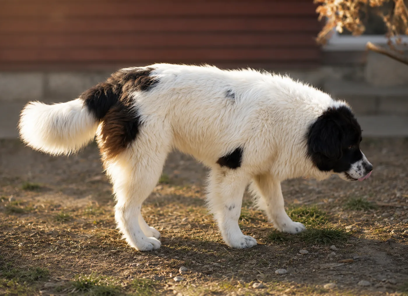 Black-and-white Romanian shepherd dog walking